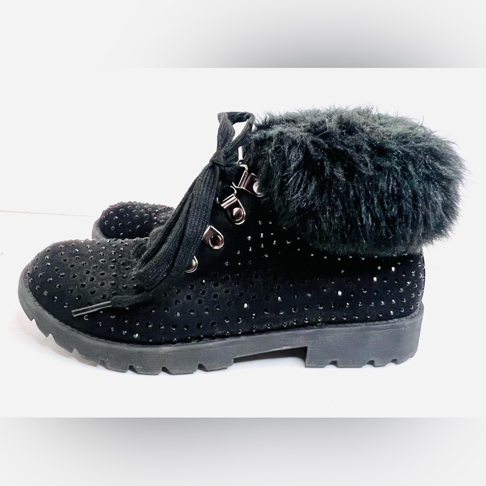 Justice Girls Black Faux Fur Studded Ankle Boots Size 3 Combat Style - Picture 4 of 8